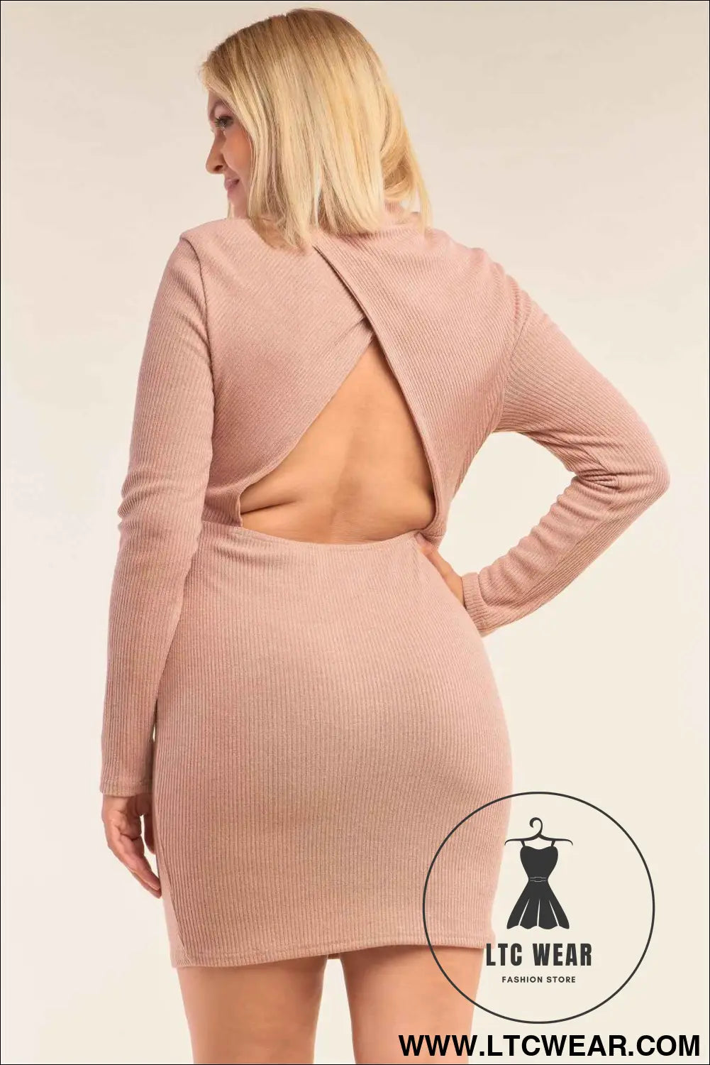 Plus Size Long Sleeve Ribbed Knit Sexy Cut Out Back Mini Dress