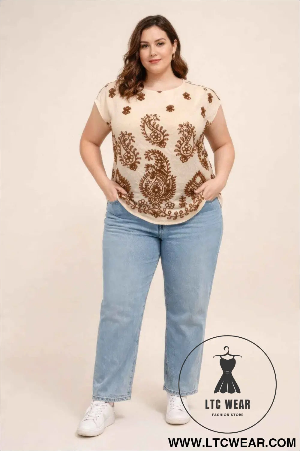 Plus Size Paisley Border Print Button-shoulder Top