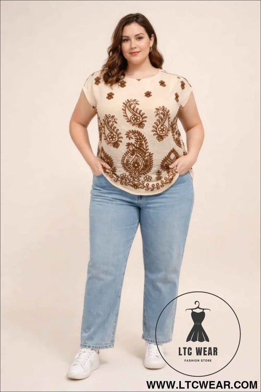 Plus Size Paisley Border Print Button-shoulder Top