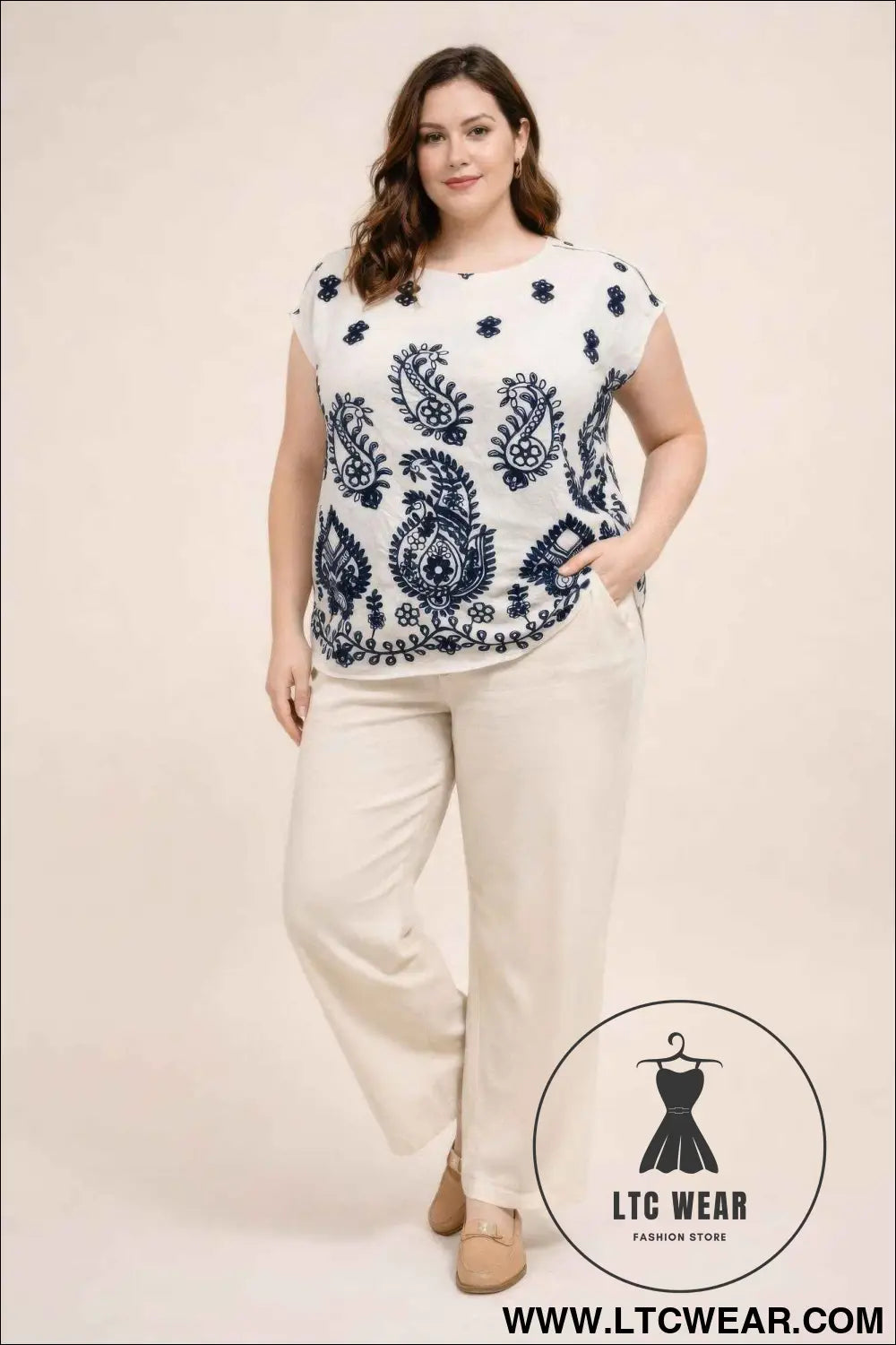 Plus Size Paisley Border Print Button-shoulder Top