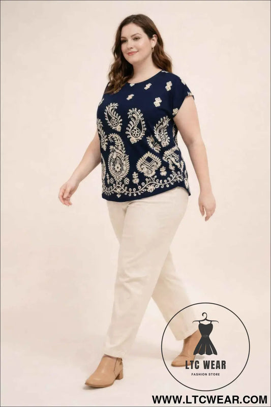 Plus Size Paisley Border Print Button-shoulder Top