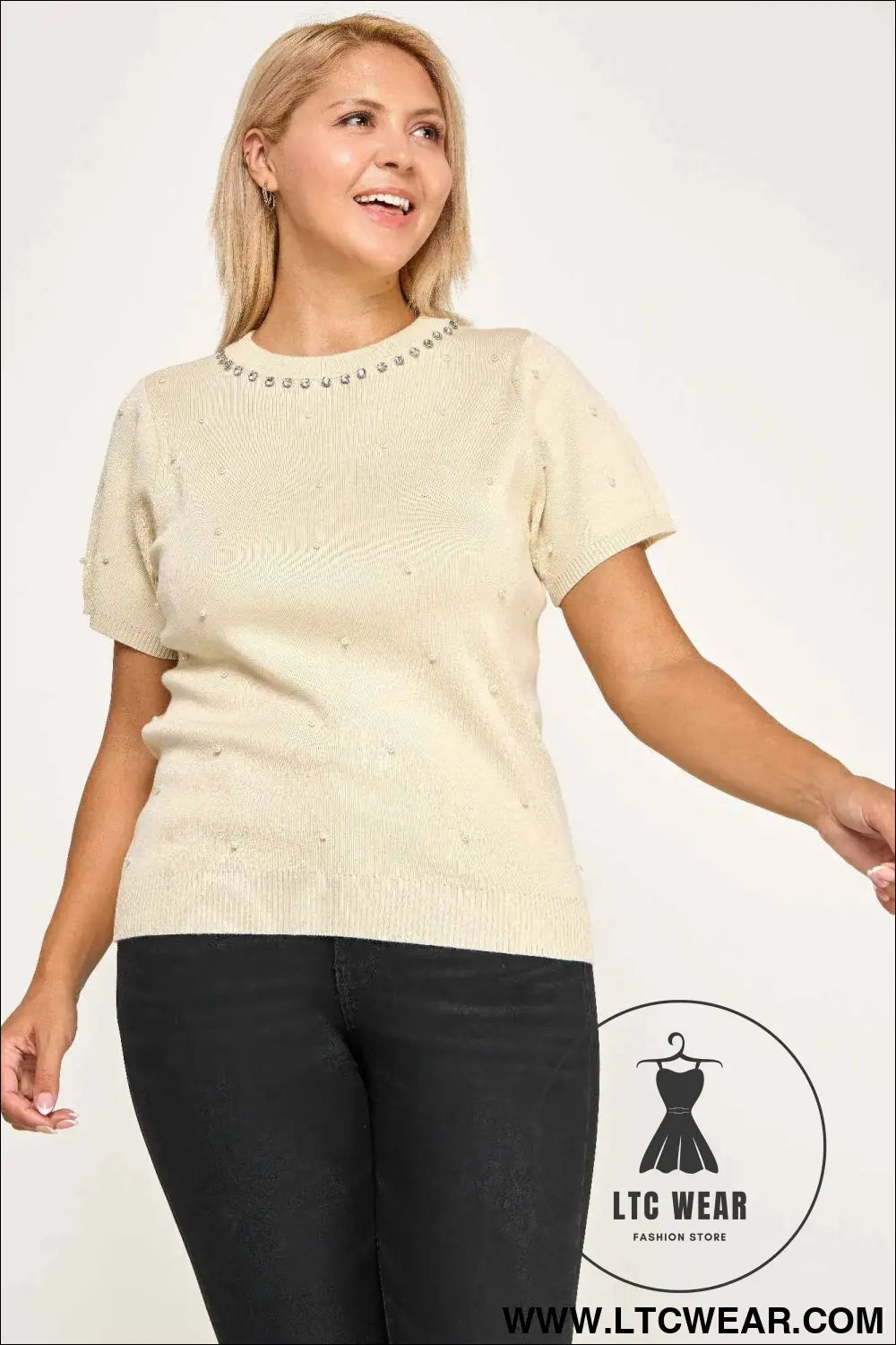Plus Size Pearl & Rhinestone Knit Sweater Top