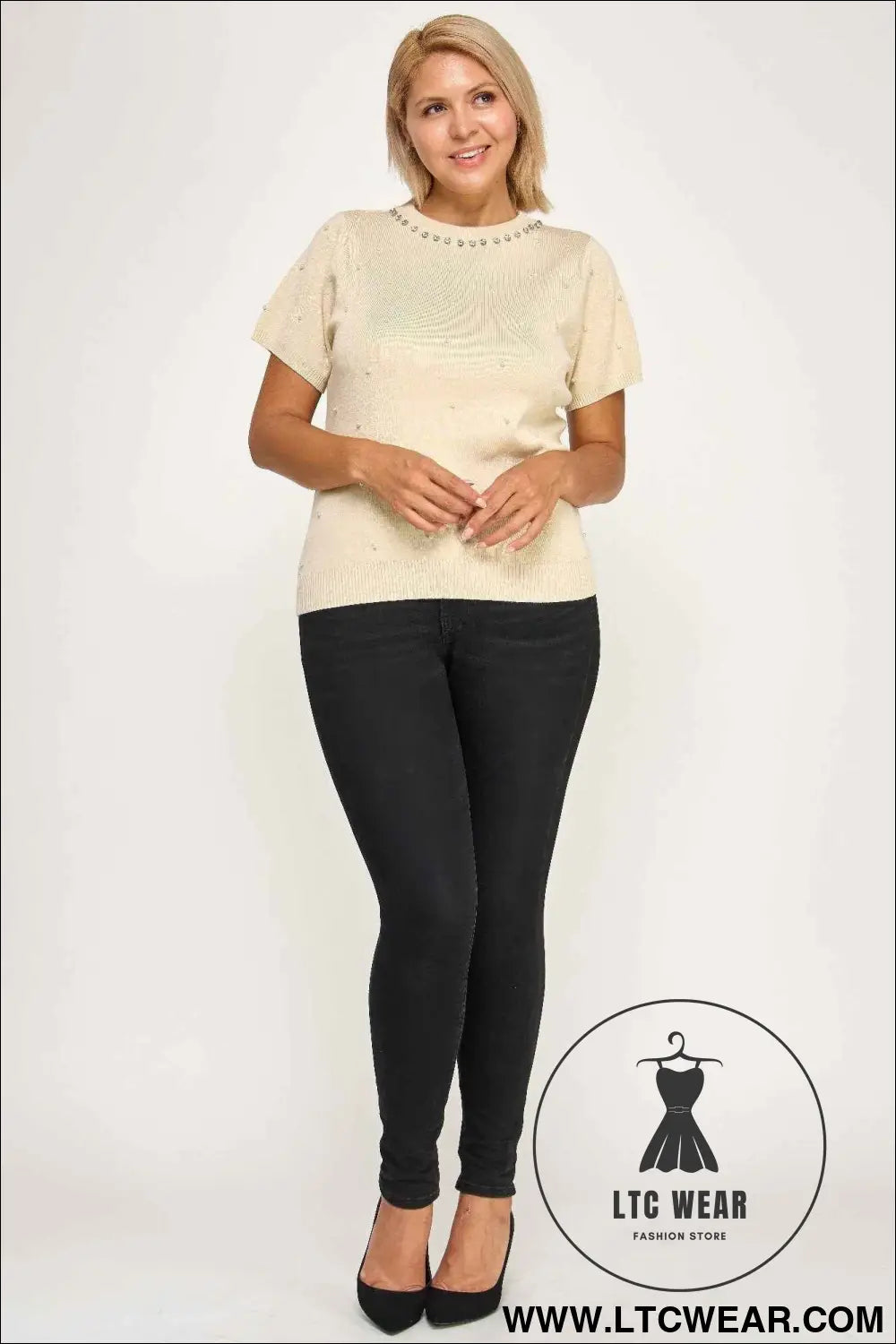 Plus Size Pearl & Rhinestone Knit Sweater Top