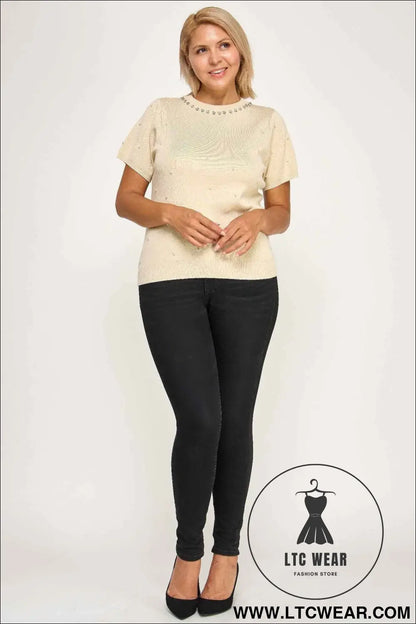 Plus Size Pearl & Rhinestone Knit Sweater Top