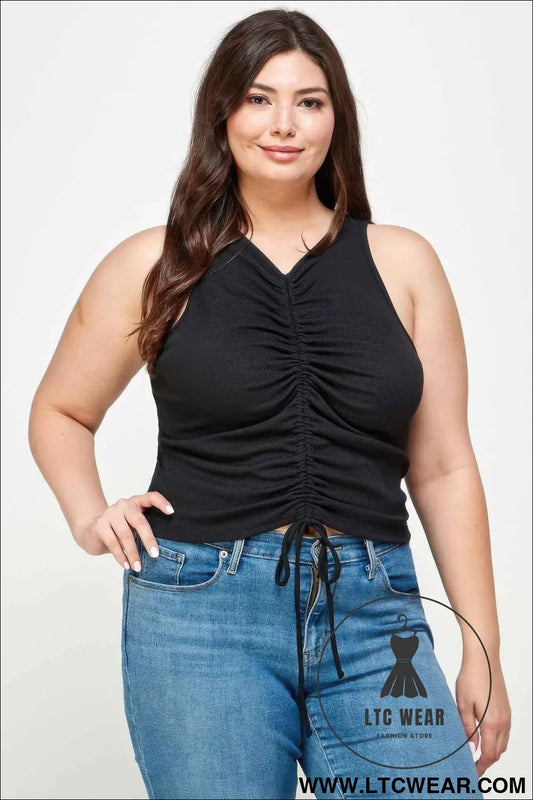 Plus Size Ribbed Sleeveless Ruched Tank Top