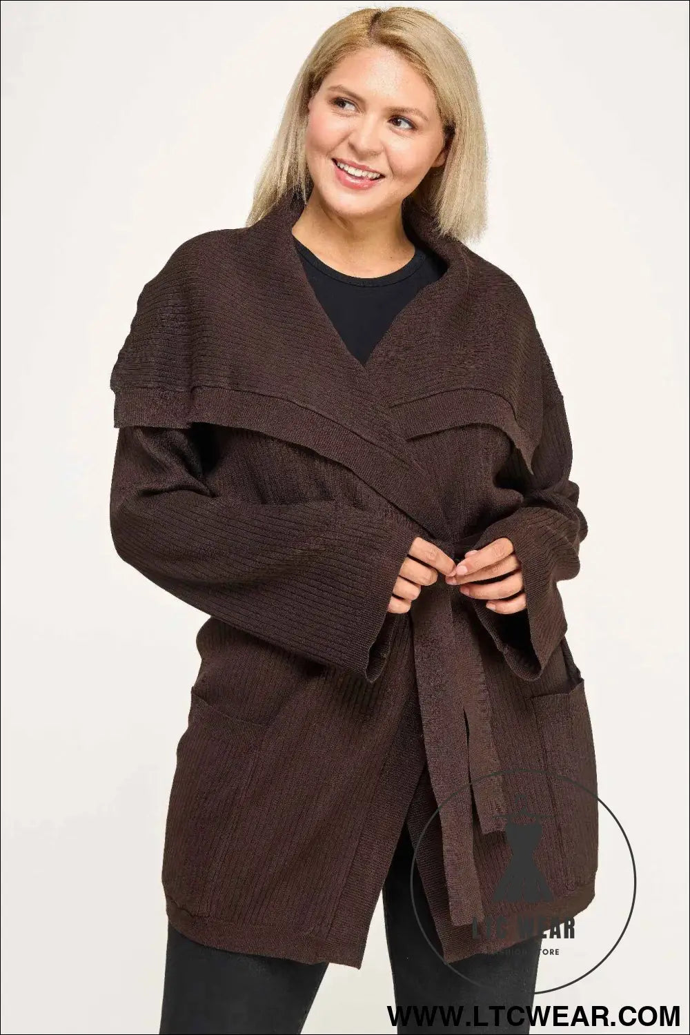 Plus Size Ribbed Wrap Cardigan With Waist Belt
