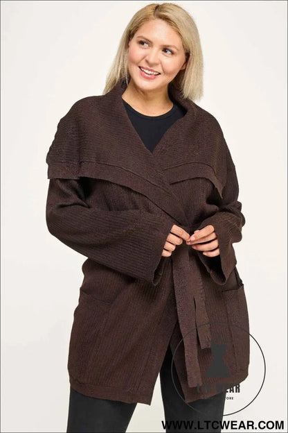 Plus Size Ribbed Wrap Cardigan With Waist Belt