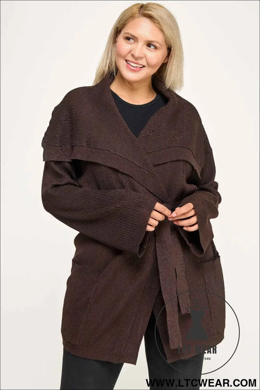 Plus Size Ribbed Wrap Cardigan With Waist Belt
