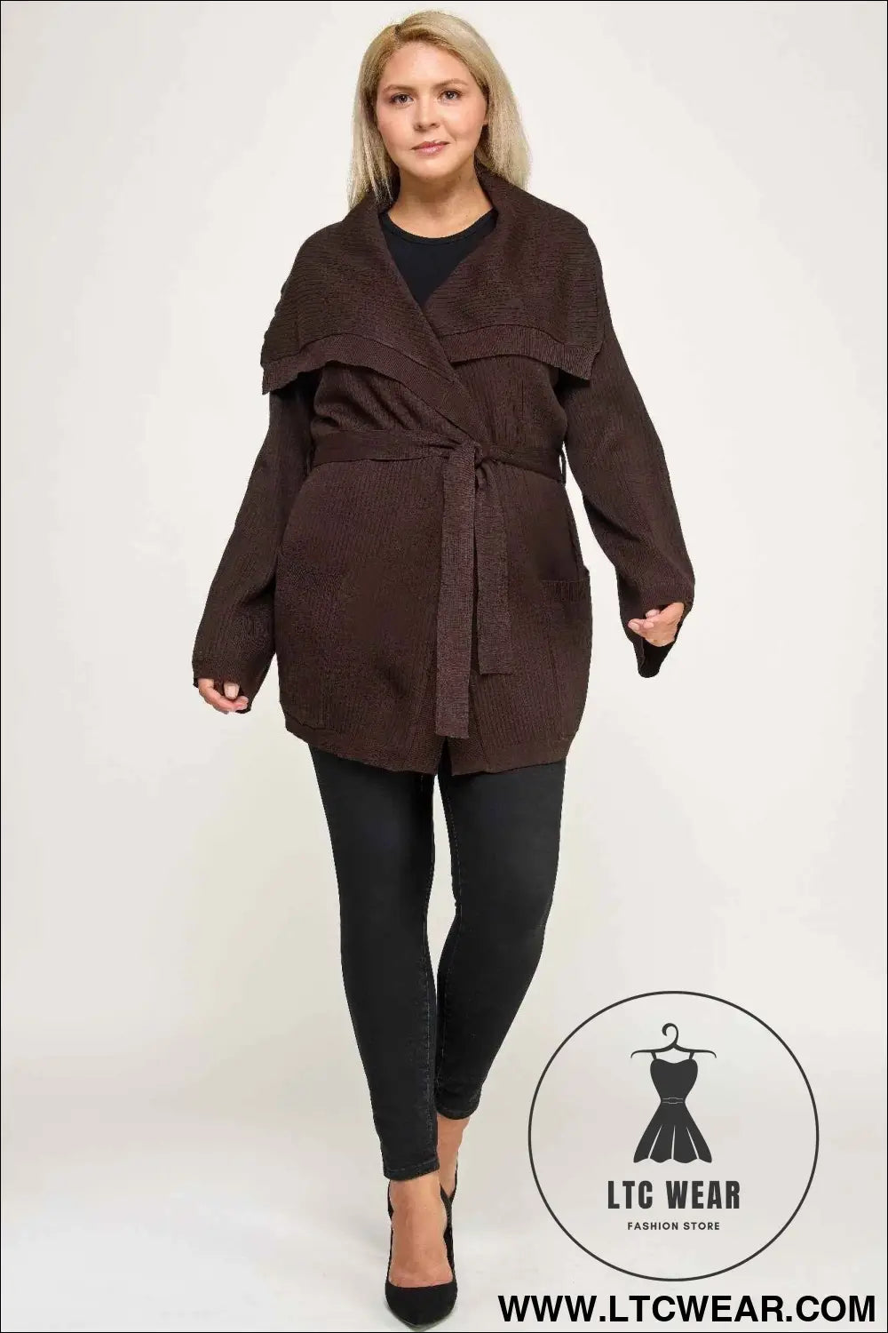 Plus Size Ribbed Wrap Cardigan With Waist Belt