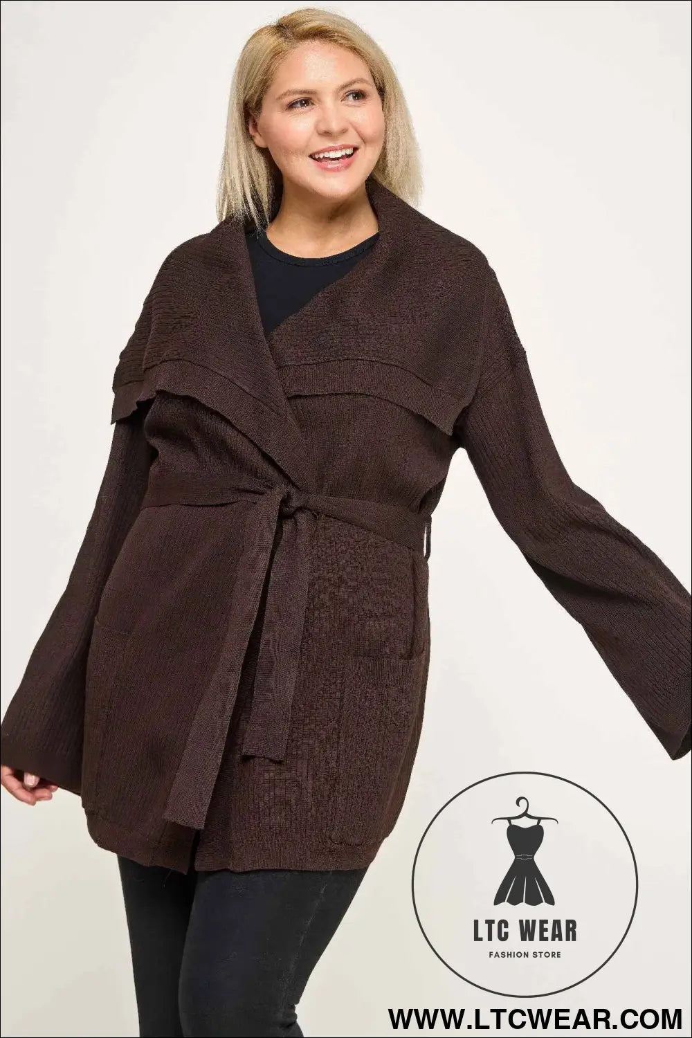 Plus Size Ribbed Wrap Cardigan With Waist Belt