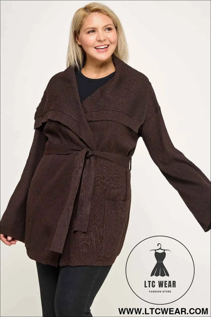 Plus Size Ribbed Wrap Cardigan With Waist Belt