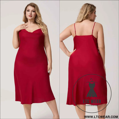 Plus Size Satin Nightdress for Women Summer One-Piece Plunge Neck Strap Loose Loungewear Sleepwear