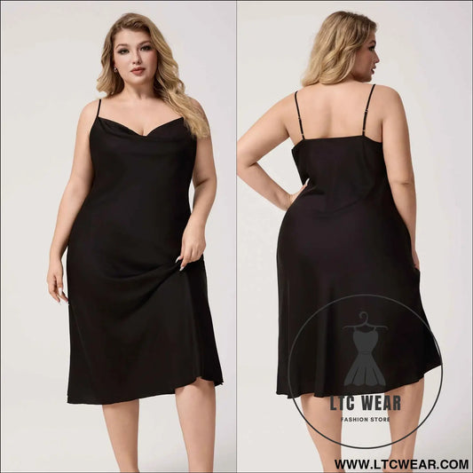 Plus Size Satin Nightdress for Women Summer One-Piece Plunge Neck Strap Loose Loungewear Sleepwear