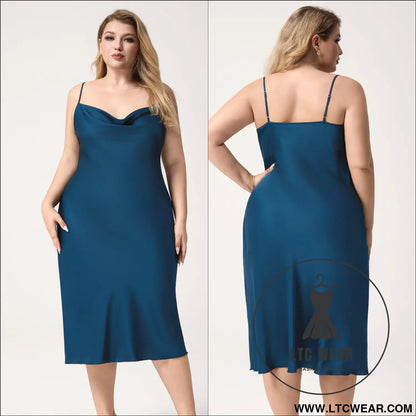 Plus Size Satin Nightdress for Women Summer One-Piece Plunge Neck Strap Loose Loungewear Sleepwear - L.T.C Wear Online Fashion Store