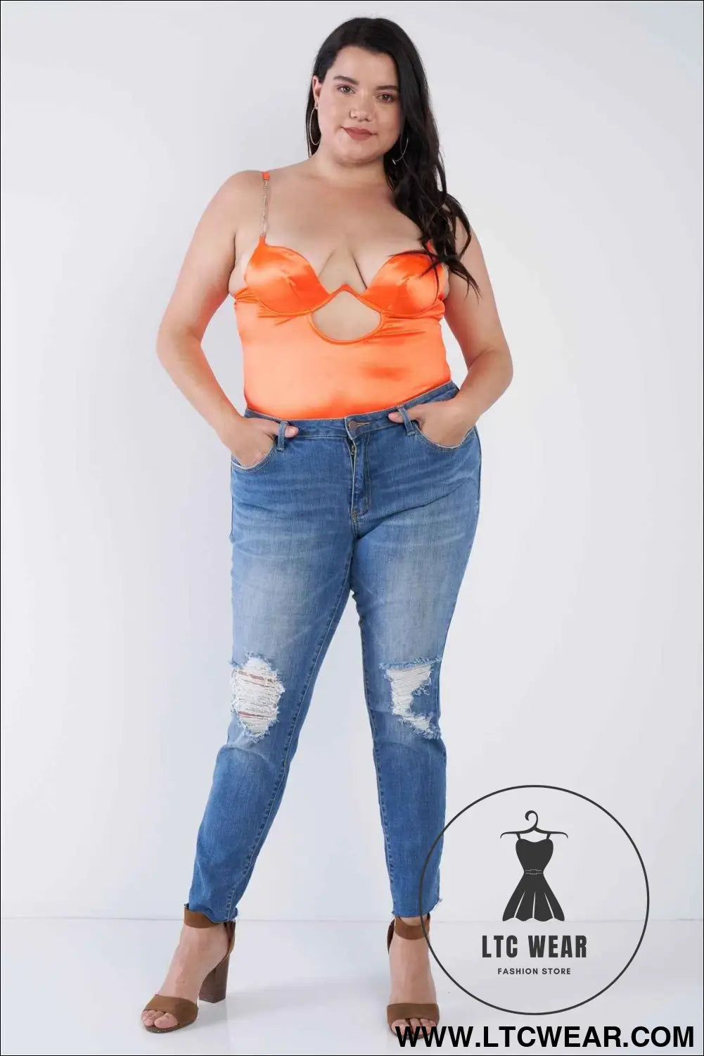 Plus Size Silk Chain Spaghetti Strap High Thong Center Cut Out Bodysuit