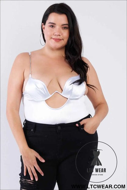 Plus Size Silk Chain Spaghetti Strap High Thong Center Cut Out Bodysuit