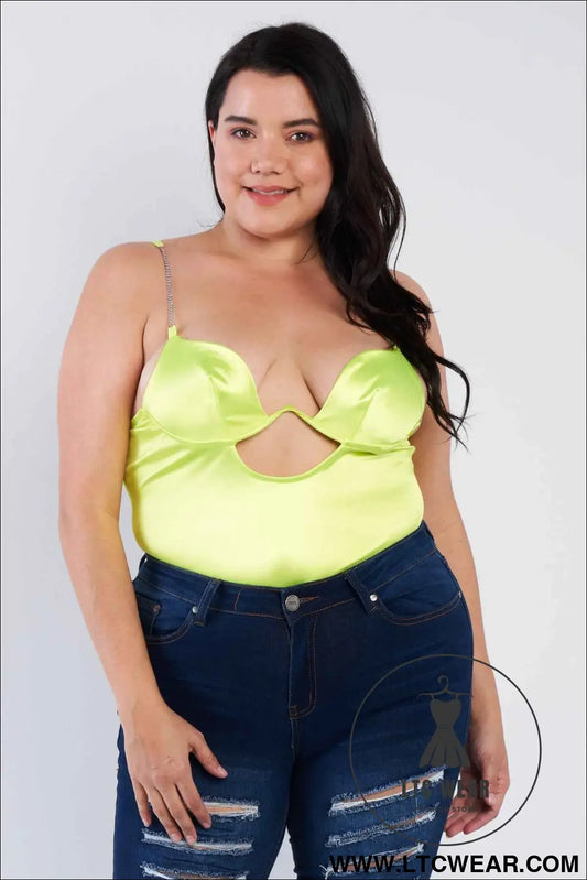 Plus Size Silk Chain Spaghetti Strap High Thong Center Cut Out Bodysuit