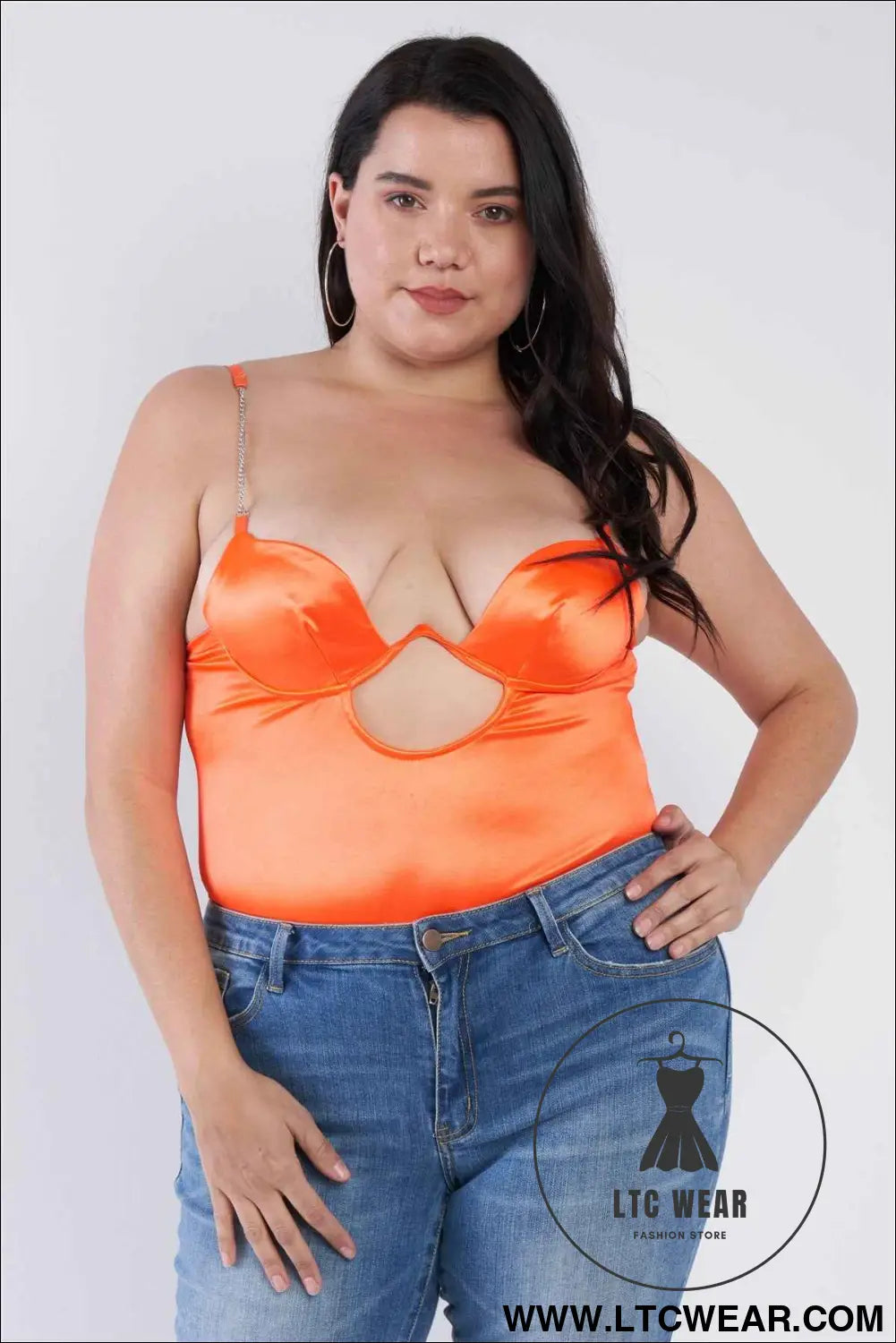 Plus Size Silk Chain Spaghetti Strap High Thong Center Cut Out Bodysuit
