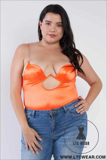 Plus Size Silk Chain Spaghetti Strap High Thong Center Cut Out Bodysuit