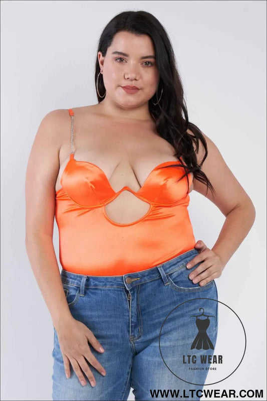 Plus Size Silk Chain Spaghetti Strap High Thong Center Cut Out Bodysuit