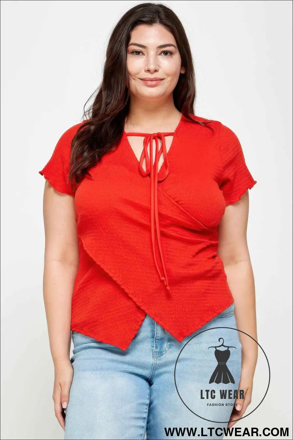 Plus Size Textured Wrap Top With Tie Neck