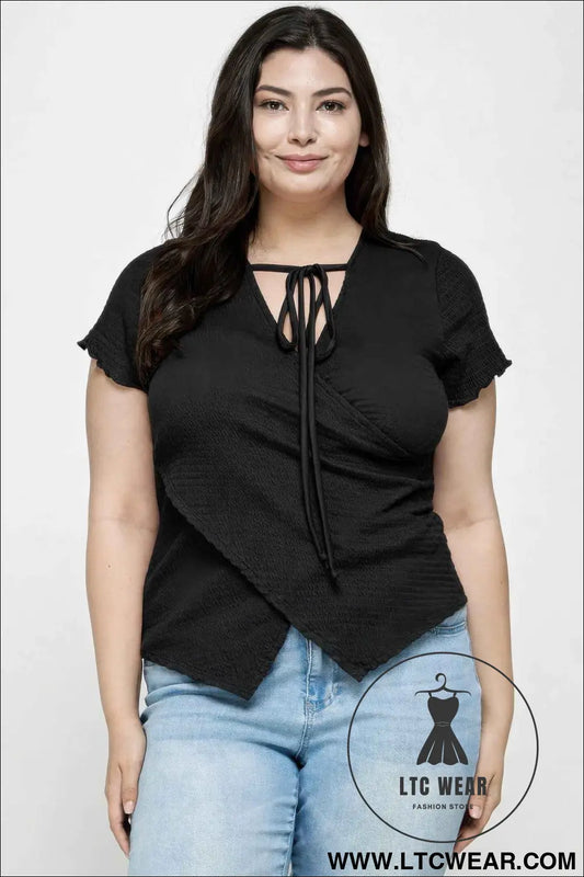 Plus Size Textured Wrap Top With Tie Neck