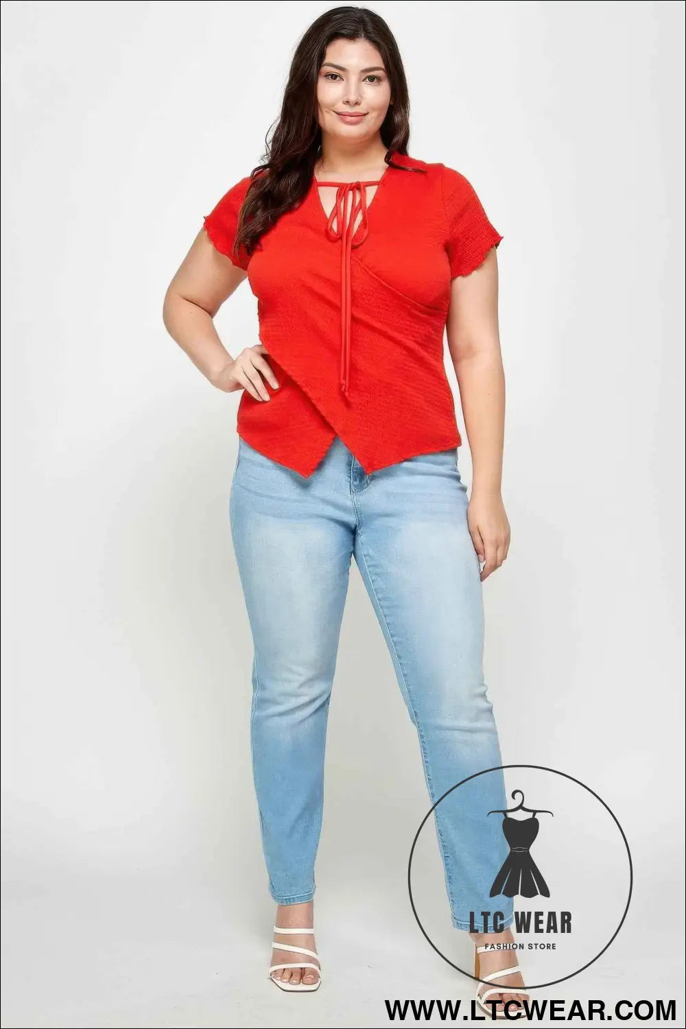 Plus Size Textured Wrap Top With Tie Neck