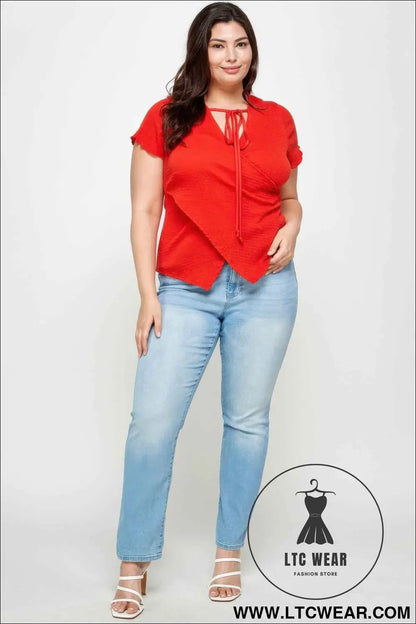 Plus Size Textured Wrap Top With Tie Neck