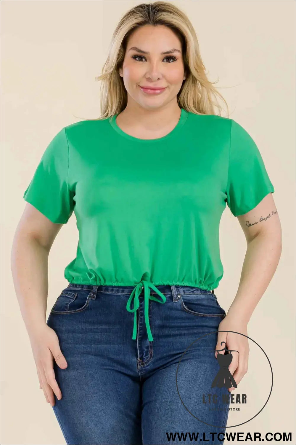 Plus Size Tie Front Drawstring Short Sleeve Crop Top