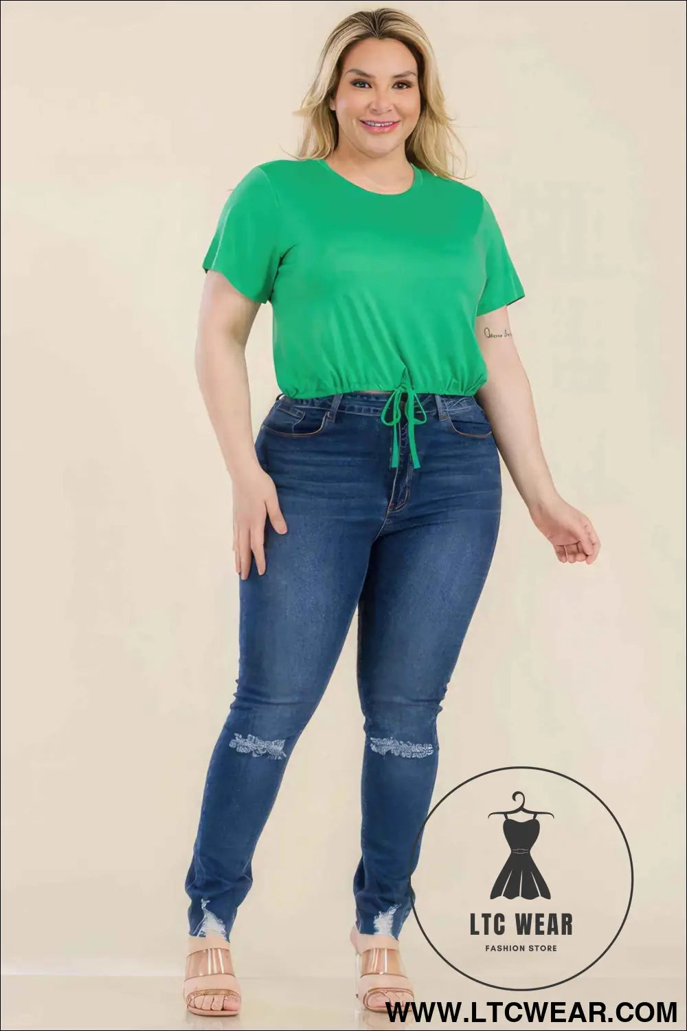 Plus Size Tie Front Drawstring Short Sleeve Crop Top