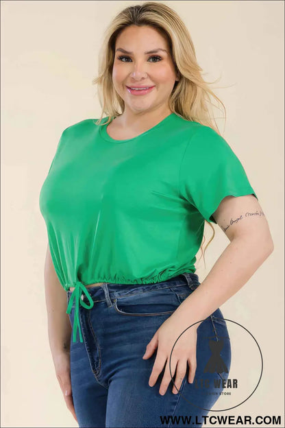Plus Size Tie Front Drawstring Short Sleeve Crop Top