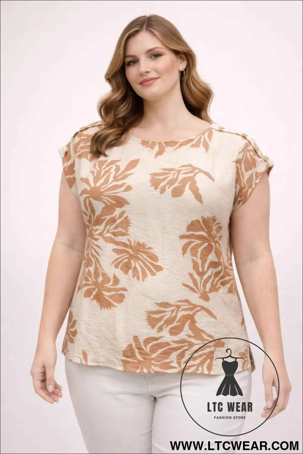 Plus Size Tropical Leaf Print Button-shoulder Top