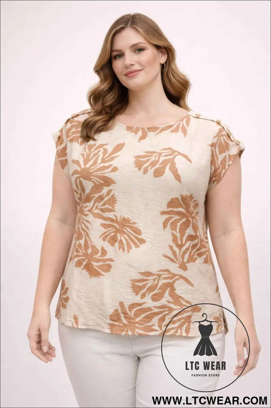 Plus Size Tropical Leaf Print Button-shoulder Top