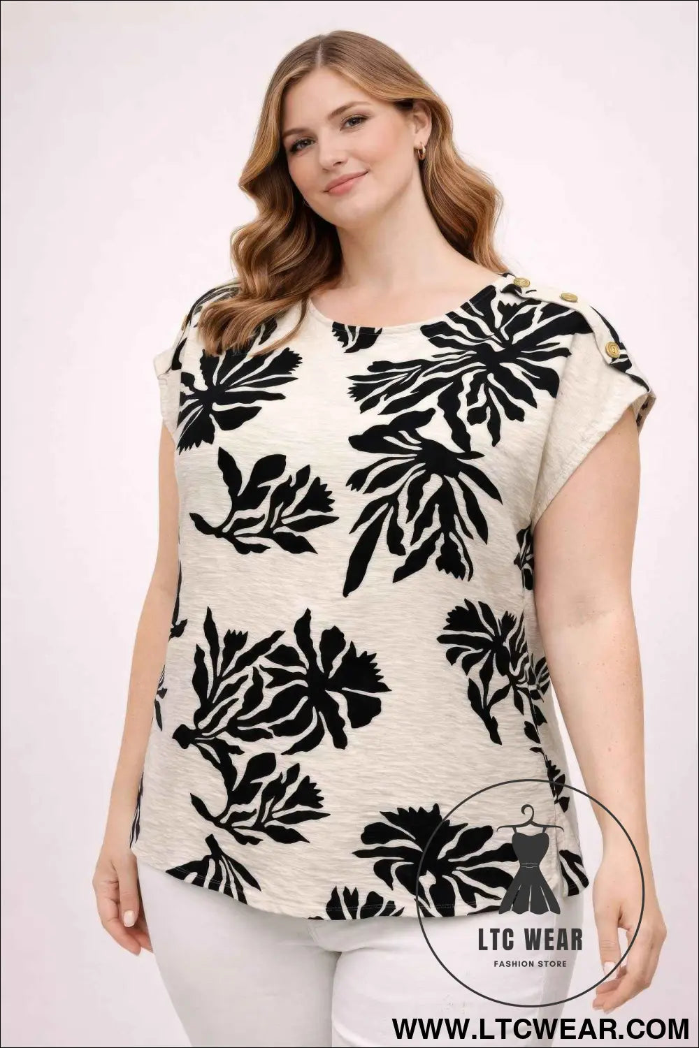 Plus Size Tropical Leaf Print Button-shoulder Top