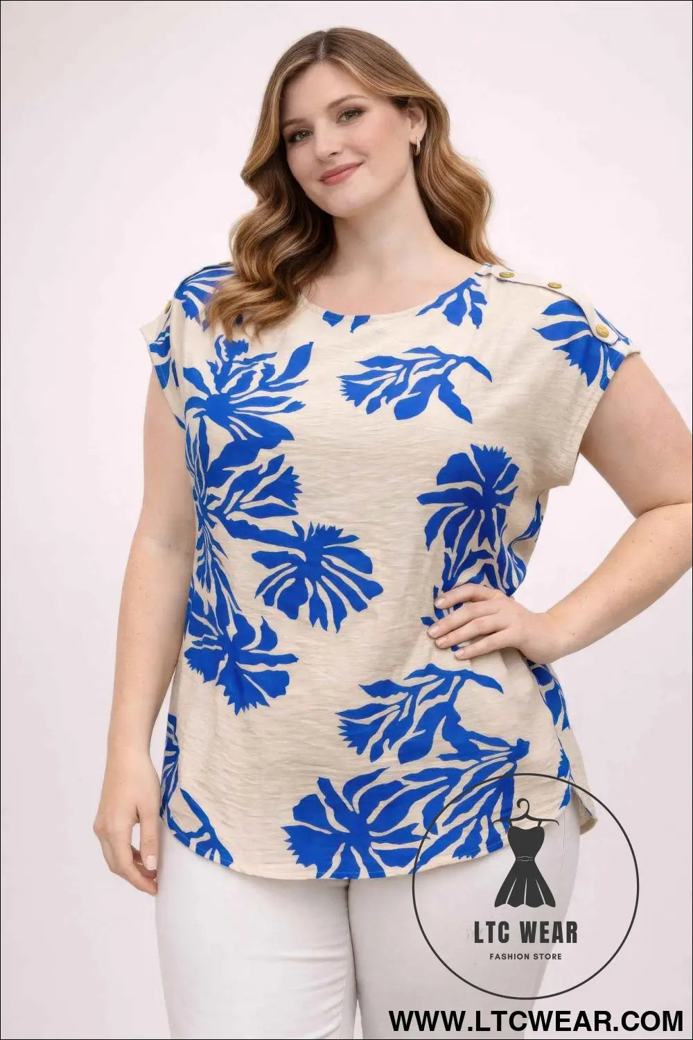 Plus Size Tropical Leaf Print Button-shoulder Top