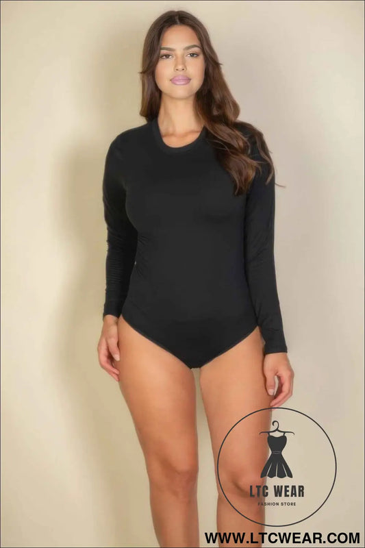 Plus Solid Long Sleeve Round Neck Bodysuit