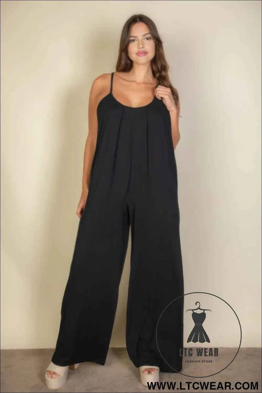 Plus Spaghetti Strap Solid Wide Jumpsuit