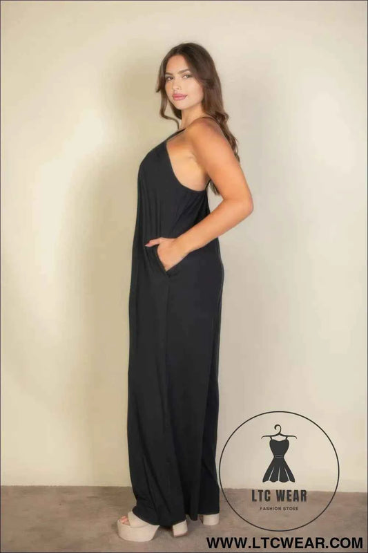 Plus Spaghetti Strap Solid Wide Jumpsuit