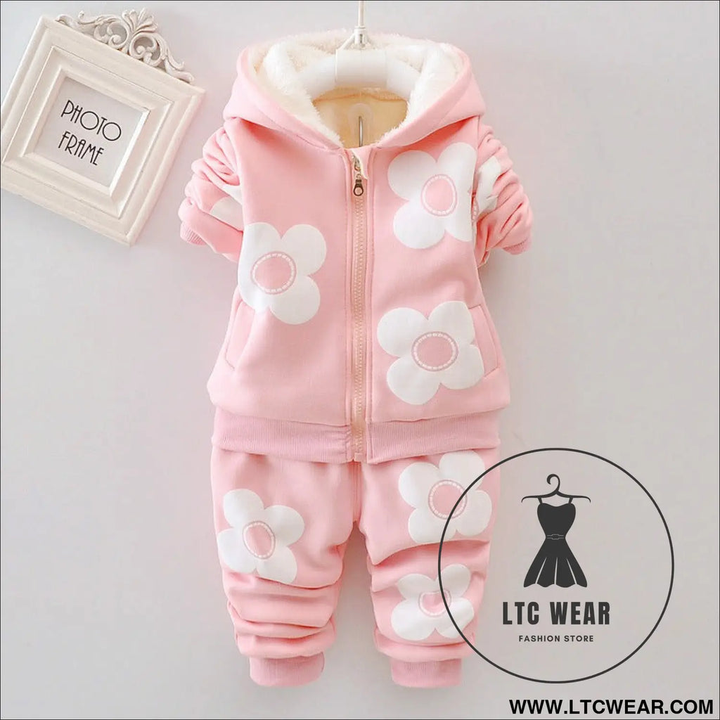 Plush set for girls’ outdoor wear three flower early winter clothing two-piece set for children’s autumn clothing