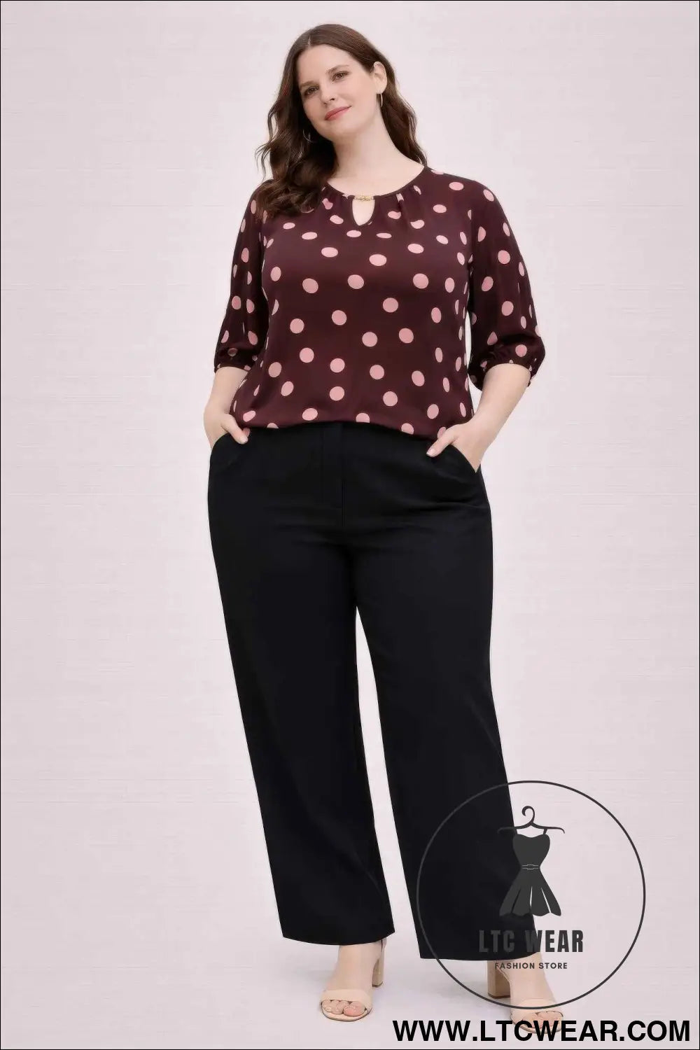 Polka Dot Split-neck Blouse With Puff Sleeves
