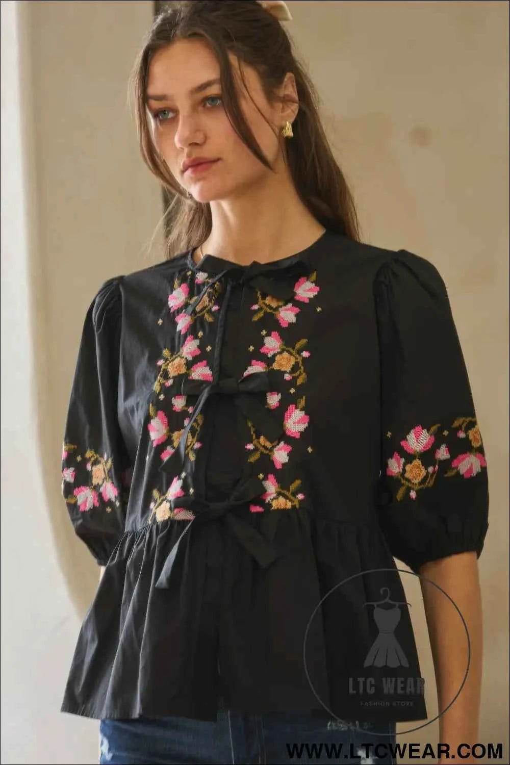 Poplin Front Ribbon Tie Blouse