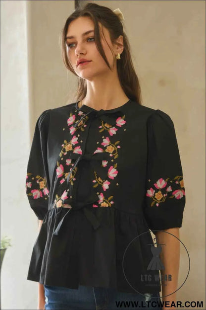 Poplin Front Ribbon Tie Blouse
