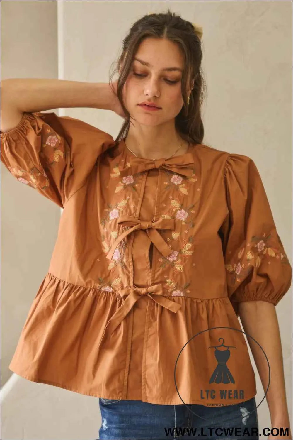 Poplin Front Ribbon Tie Blouse