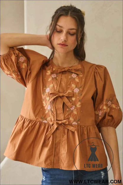Poplin Front Ribbon Tie Blouse
