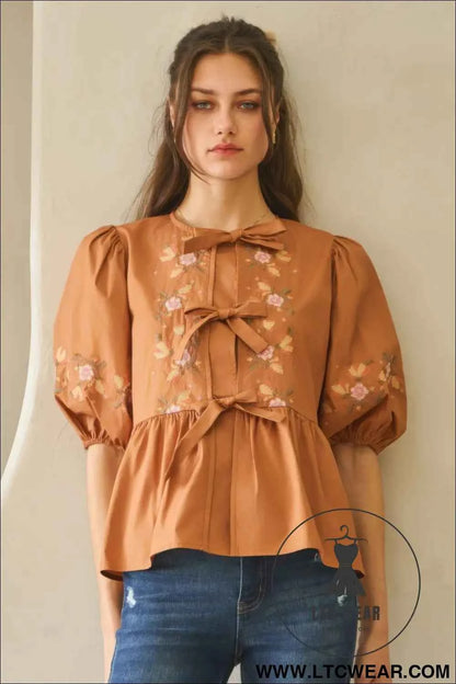 Poplin Front Ribbon Tie Blouse