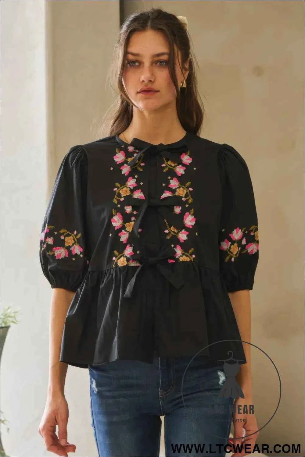 Poplin Front Ribbon Tie Blouse