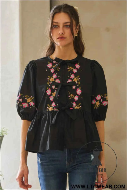 Poplin Front Ribbon Tie Blouse