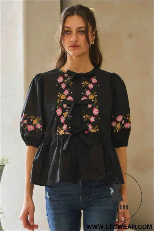 Poplin Front Ribbon Tie Blouse
