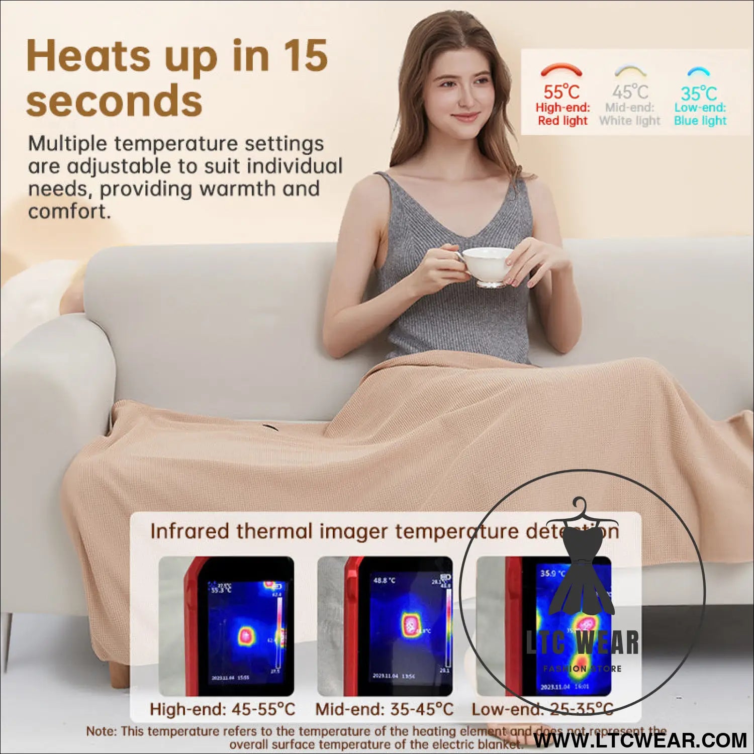 Portable usb electric blanket with 3 heat settings machine washable design. Ideal for home office or travel use.