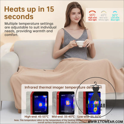 Portable usb electric blanket with 3 heat settings machine washable design. Ideal for home office or travel use.